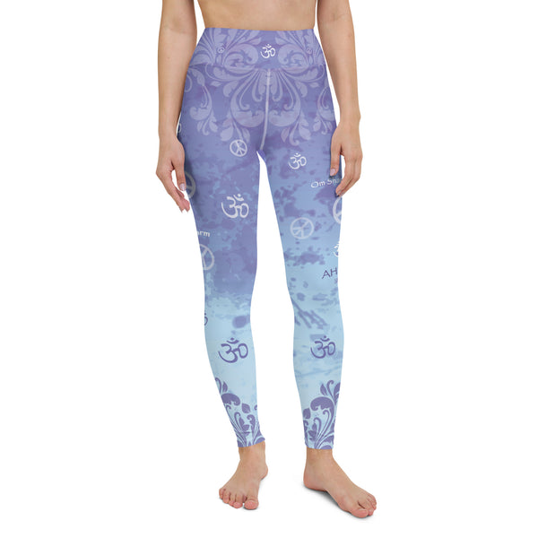 Yoga pants with ahimsa mantras and om signs by Sushila Oliphant for Apparel for the Spirit.