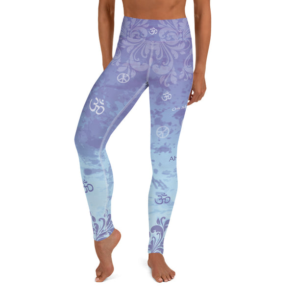 Yoga pants with ahimsa mantras and om signs by Sushila Oliphant for Apparel for the Spirit.