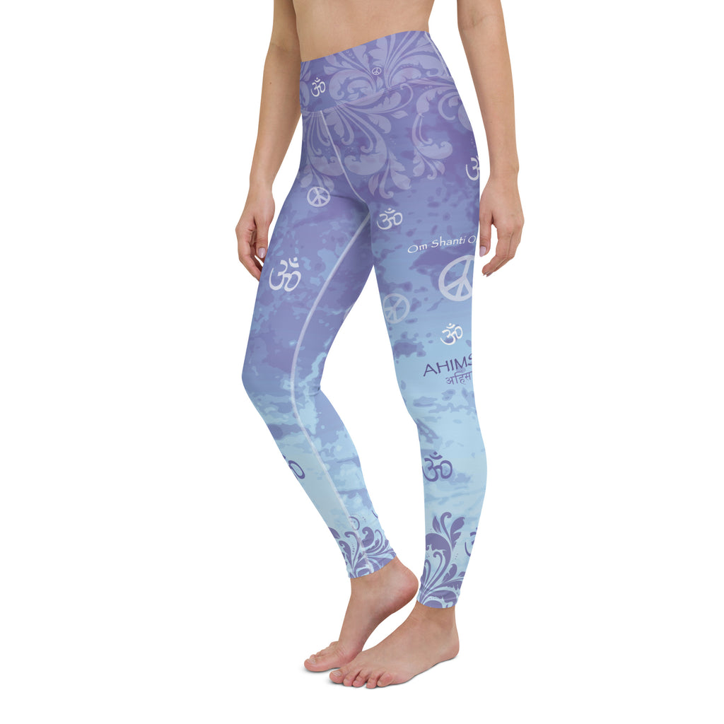 Yoga pants with ahimsa mantras and om signs by Sushila Oliphant for Apparel for the Spirit.