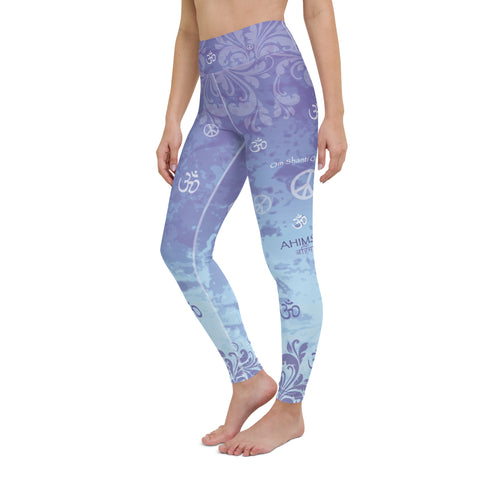 Yoga pants with ahimsa mantras and om signs by Sushila Oliphant for Apparel for the Spirit.