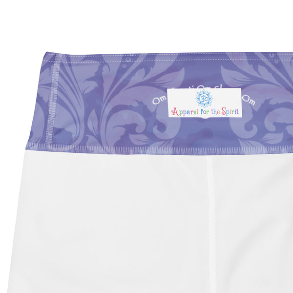Yoga pants with ahimsa mantras and om signs by Sushila Oliphant for Apparel for the Spirit.