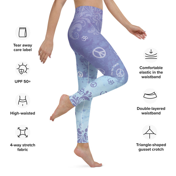 Yoga pants with ahimsa mantras and om signs by Sushila Oliphant for Apparel for the Spirit.