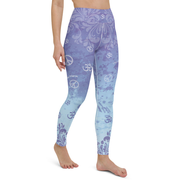 Yoga pants with ahimsa mantras and om signs by Sushila Oliphant for Apparel for the Spirit.