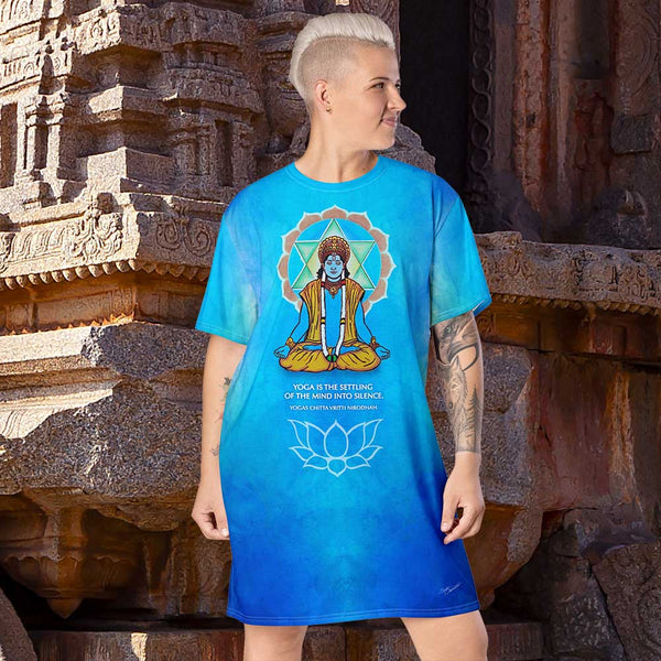 An Avatar Meditating on the Heart Chakra t-shirt dress with om sign, lotus and mandala. Artist Sushila Oliphant with Apparel for the Spirit.