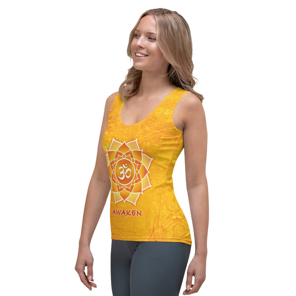 Women's Yoga tank top, Awaken to Higher Consciousness, with lotus, om sign, peace by Sushila Oliphant