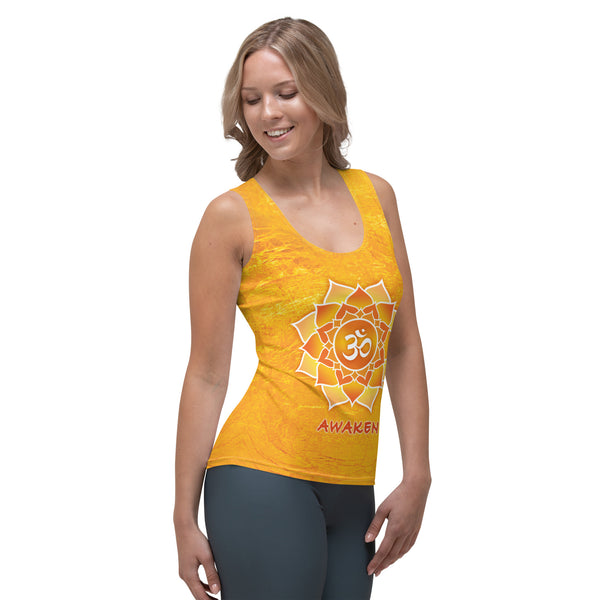 Women's Yoga tank top, Awaken to Higher Consciousness, with lotus, om sign, peace by Sushila Oliphant
