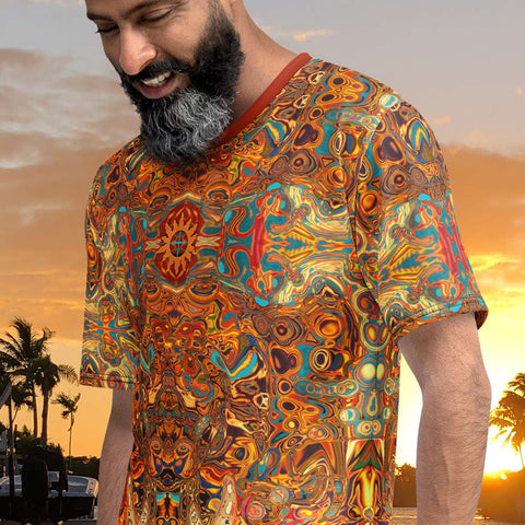 Aztec Sun men's t-shirt. Mesoamerican, Southwestern and Native American theme. Artist, Sushila Oliphant with Apparel for the Spirit.
