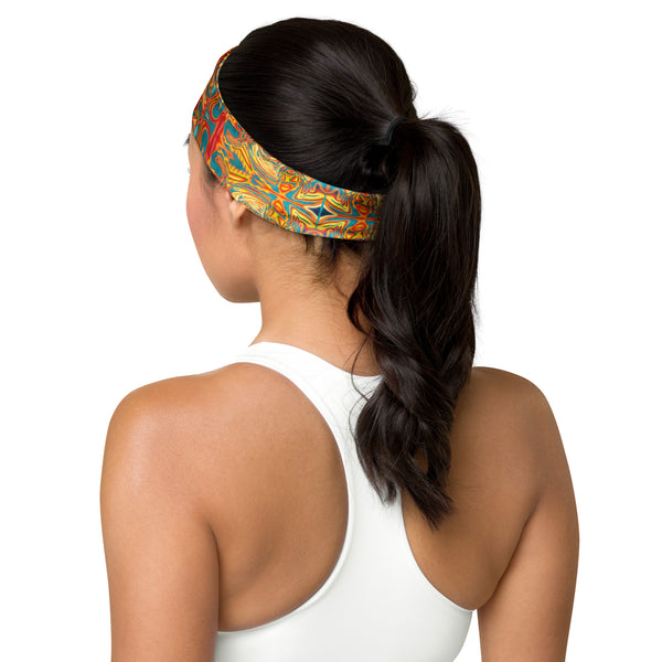 Aztec Sun headband - great for gym workouts or yoga classes. Native American theme. Artist, Sushila Oliphant with Apparel for the Spirit.