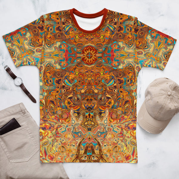 Aztec Sun men's t-shirt. Mesoamerican, Southwestern and Native American theme. Artist, Sushila Oliphant with Apparel for the Spirit.