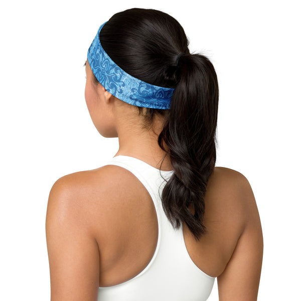 Blue Lotus headband great for yoga classes and gym workouts. Designer, Sushila Oliphant with Apparel for the Spirit.