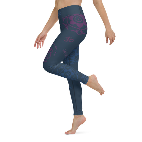 Yoga pants with Buddha, om signs and elephants by Sushila Oliphant for Apparel for the Spirit.