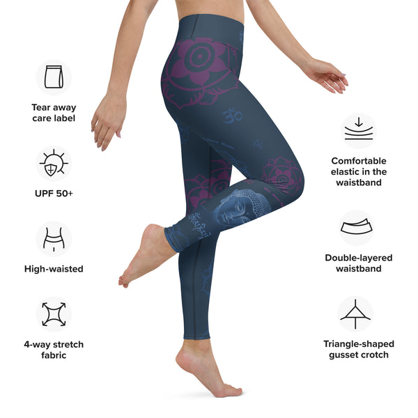 Yoga pants with Buddha, om signs and elephants by Sushila Oliphant for Apparel for the Spirit.