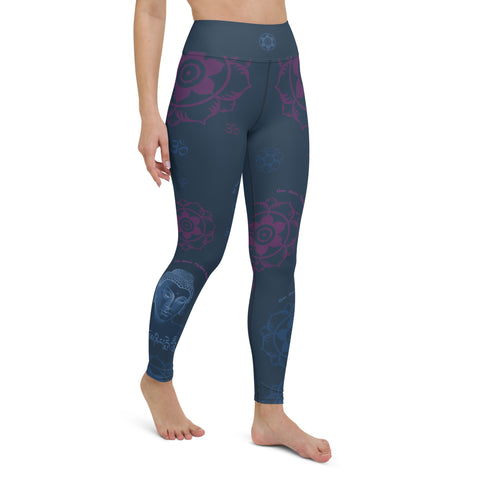 Yoga pants with Buddha, om signs and elephants by Sushila Oliphant for Apparel for the Spirit.