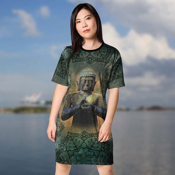 Buddha in Mudra - Available in PLUS sizes. Artwork honors Buddhist tradition, Om signs, mandala, mantra and meditating yogi. Sushila Oliphant, Apparel for the Spirit.