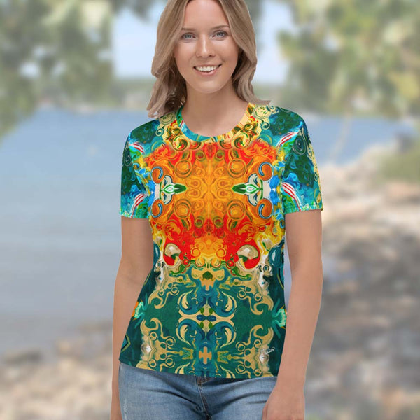 Women's t-shirt with a cosmic Eastern vibe designed  by Sushila Oliphant, Apparel for the Spirit.