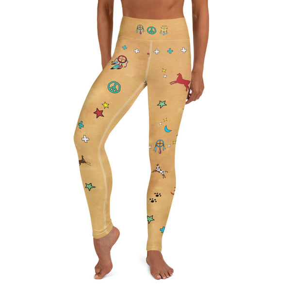 Yoga pants southwestern vibe with Native American symbols by Sushila Oliphant