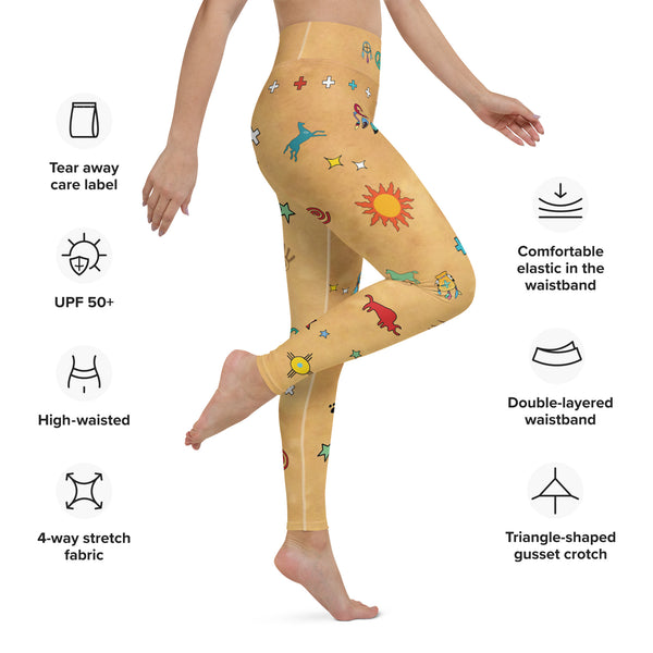 Yoga pants southwestern vibe with Native American symbols by Sushila Oliphant