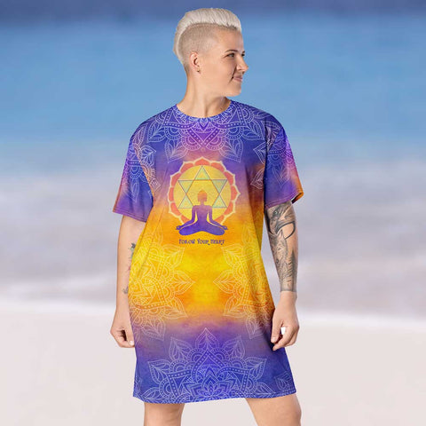 Follow Your Heart t-shirt dress. Heart chakra and yogi meditating, om sign, and lotus. Very spiritual vibe. Artist, Sushila Oliphant and Apparel for the Spirit.