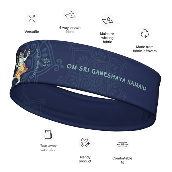 Ganesha Dancing headband great for yoga classes and gym workouts. Om signs and Ganesha's mantra embedded in the design. Artist, Sushila Oliphant with Apparel for the Spirit.
