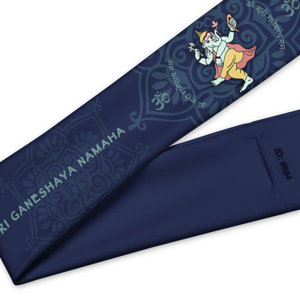 Ganesha Dancing headband great for yoga classes and gym workouts. Om signs and Ganesha's mantra embedded in the design. Artist, Sushila Oliphant with Apparel for the Spirit.
