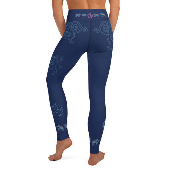 Yoga pants with Ganesha, om signs and elephants by Sushila Oliphant for Apparel for the Spirit.