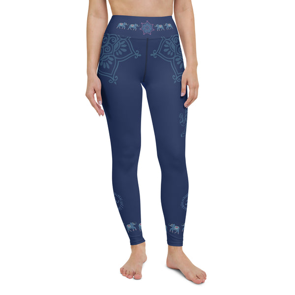 Yoga pants with Ganesha, om signs and elephants by Sushila Oliphant for Apparel for the Spirit.