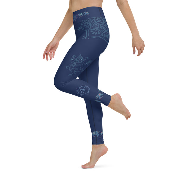 Yoga pants with Ganesha, om signs and elephants by Sushila Oliphant for Apparel for the Spirit.