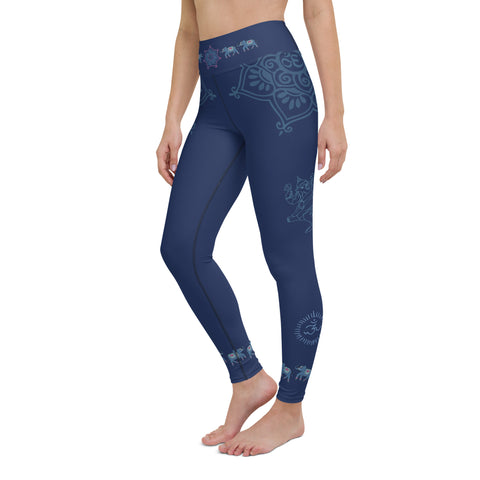 Yoga pants with Ganesha, om signs and elephants by Sushila Oliphant for Apparel for the Spirit.