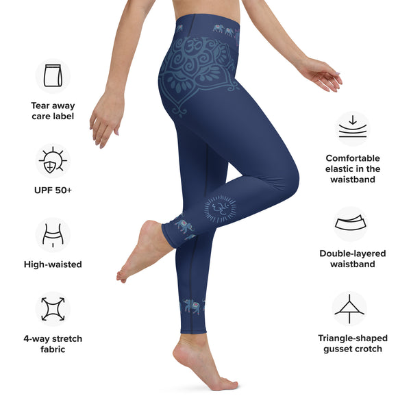 Yoga pants with Ganesha, om signs and elephants by Sushila Oliphant for Apparel for the Spirit.