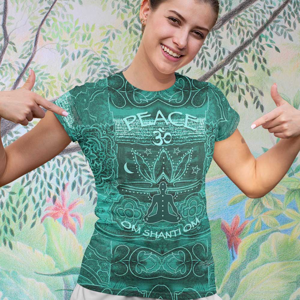 A yogi meditating emitting good vibrations and peaceful Buddha on the back of this yoga t-shirt. Om Shanti Om, Peace. Designed by Sushila Oliphant, Apparel for the spirit.