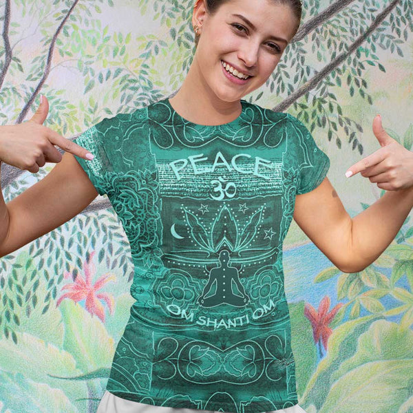 A yogi meditating emitting good vibrations and peaceful Buddha on the back of this yoga t-shirt. Om Shanti Om, Peace. Designed by Sushila Oliphant, Apparel for the spirit.