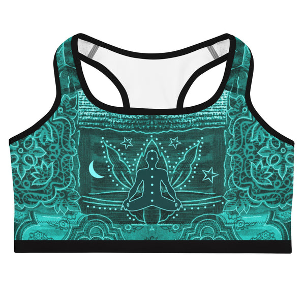 Yoga sports bra with meditating yogi and Buddha by Sushila Oliphant for Apparel for the Spirit.