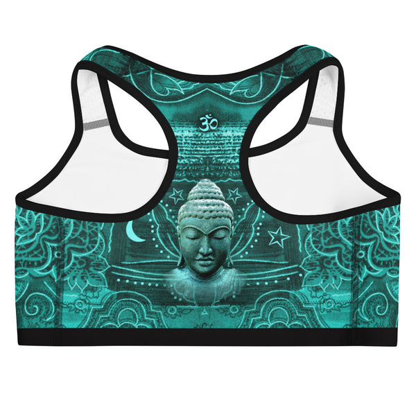 Yoga sports bra with meditating yogi and Buddha by Sushila Oliphant for Apparel for the Spirit.