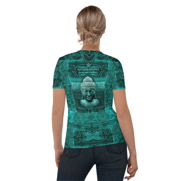 A yogi meditating emitting good vibrations and peaceful Buddha on the back of this yoga t-shirt. Om Shanti Om, Peace. Designed by Sushila Oliphant, Apparel for the spirit.