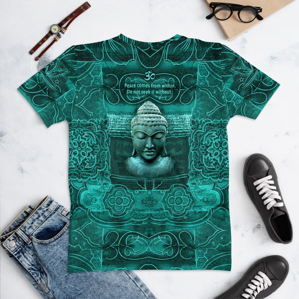 A yogi meditating emitting good vibrations and peaceful Buddha on the back of this yoga t-shirt. Om Shanti Om, Peace. Designed by Sushila Oliphant, Apparel for the spirit.