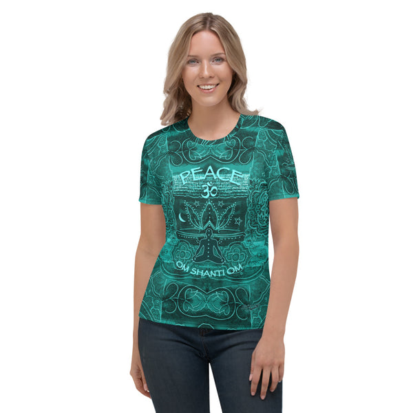 A yogi meditating emitting good vibrations and peaceful Buddha on the back of this yoga t-shirt. Om Shanti Om, Peace. Designed by Sushila Oliphant, Apparel for the spirit.