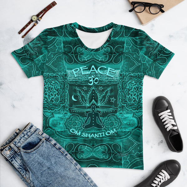 A yogi meditating emitting good vibrations and peaceful Buddha on the back of this yoga t-shirt. Om Shanti Om, Peace. Designed by Sushila Oliphant, Apparel for the spirit.