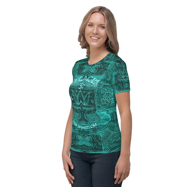 A yogi meditating emitting good vibrations and peaceful Buddha on the back of this yoga t-shirt. Om Shanti Om, Peace. Designed by Sushila Oliphant, Apparel for the spirit.
