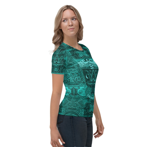 A yogi meditating emitting good vibrations and peaceful Buddha on the back of this yoga t-shirt. Om Shanti Om, Peace. Designed by Sushila Oliphant, Apparel for the spirit.