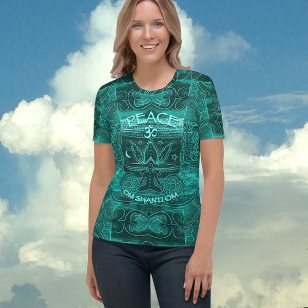 A yogi meditating emitting good vibrations and peaceful Buddha on the back of this yoga t-shirt. Om Shanti Om, Peace. Designed by Sushila Oliphant, Apparel for the spirit.
