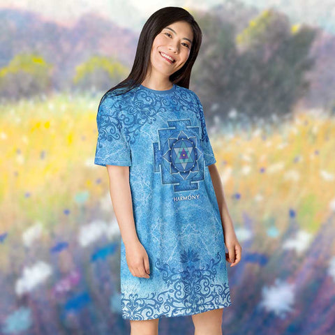 Harmony t-shirt dress with Ganesha yantra, lotus, yogi meditating, peace sign by Sushila Oliphant, apparel of the spirit.
