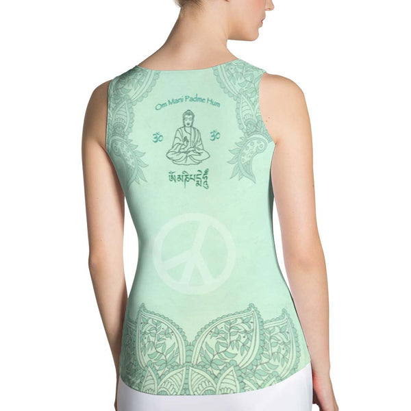 Women's yoga tank top with Buddha, lotus, om sign, mantra, and peace sign by Sushila Oliphant and Apparel for the Spirit.