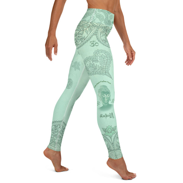 Yoga pants with Buddha, om signs and mantras by Sushila Oliphant for Apparel for the Spirit.