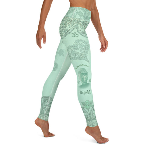 Yoga pants with Buddha, om signs and mantras by Sushila Oliphant for Apparel for the Spirit.