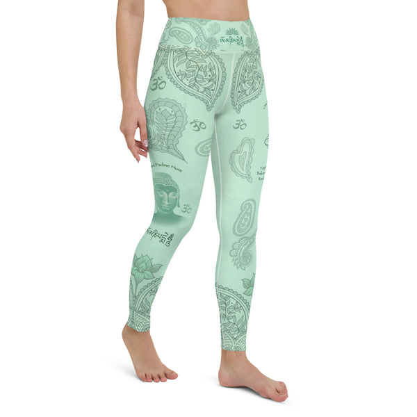 Yoga pants with Buddha, om signs and mantras by Sushila Oliphant for Apparel for the Spirit.