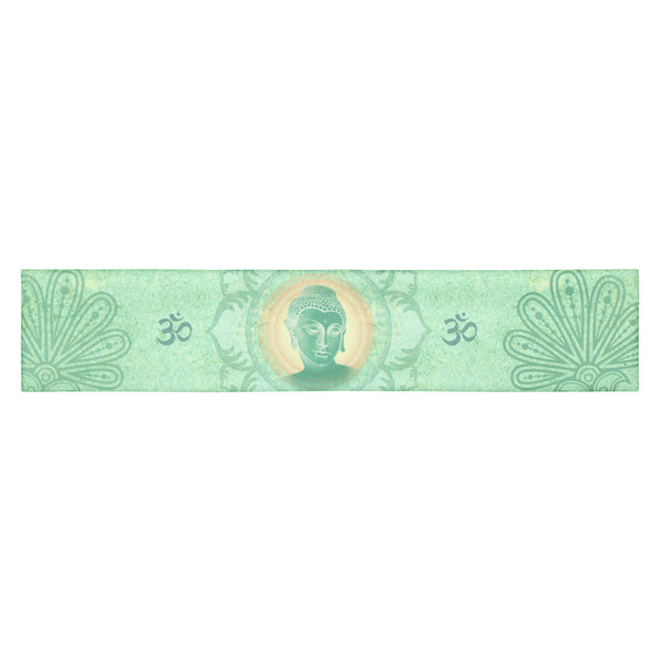 Jade Buddha headband great for yoga classes and gym workouts. Om signs and lotus petals embedded in the design. Artist, Sushila Oliphant with Apparel for the Spirit.