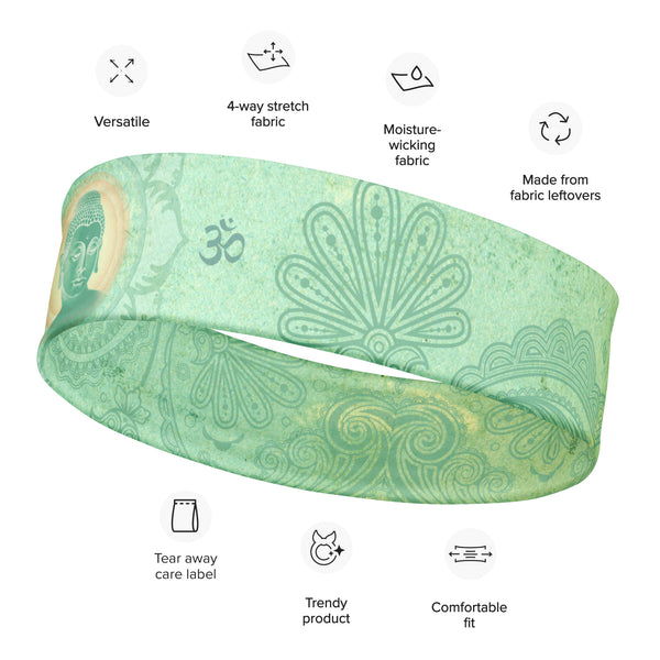 Jade Buddha headband great for yoga classes and gym workouts. Om signs and lotus petals embedded in the design. Artist, Sushila Oliphant with Apparel for the Spirit.