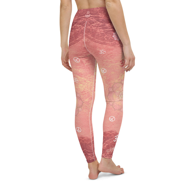 yoga pants with lotus, om sign, peace sign by Sushila Oliphant for Apparel for the Spirit.