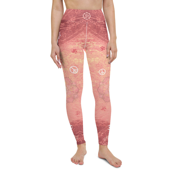 yoga pants with lotus, om sign, peace sign by Sushila Oliphant for Apparel for the Spirit.