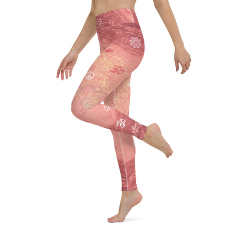 yoga pants with lotus, om sign, peace sign by Sushila Oliphant for Apparel for the Spirit.